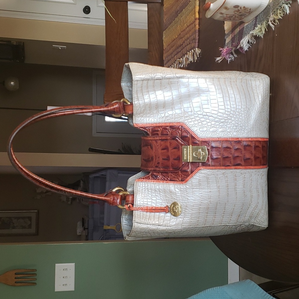 Brahmin Cream Tote with Brown Croc-Embossed Trim